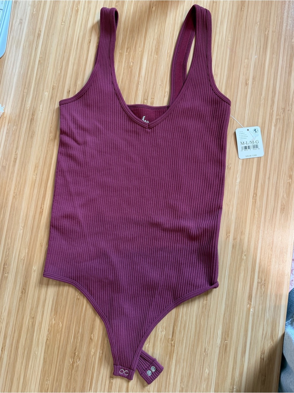 Free People Ribbed V-Neck Bodysuit in Burgundy